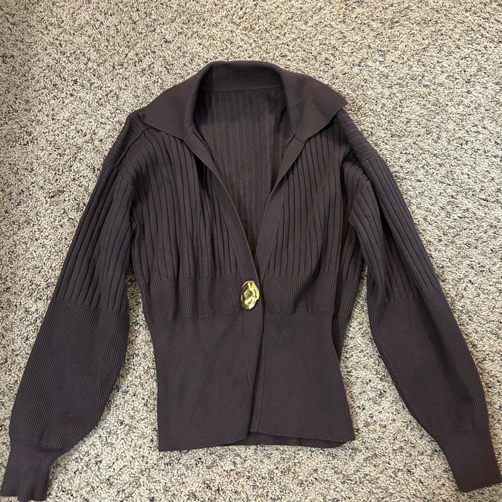 Commense Ribbed Collared Metal Button Cardigan - Picture 2 of 4